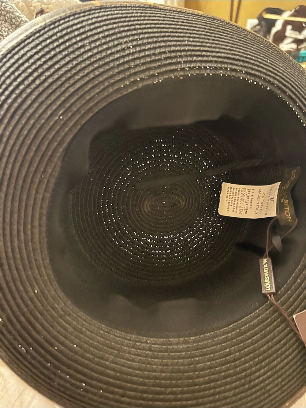 Black Wide-Brim Straw Hat with Monogram Ribbon Accent - Picture 2 of 3